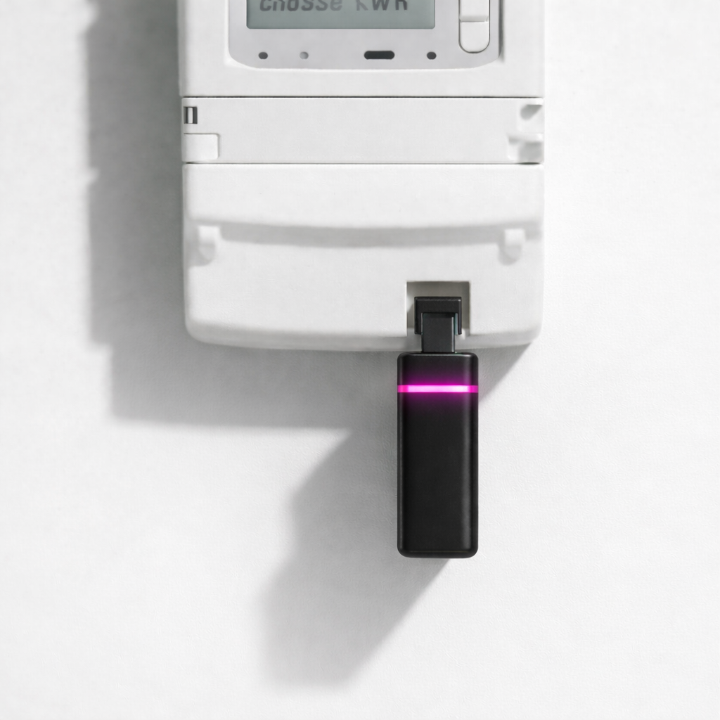P1-stekker module aangesloten op de slimme meter, de verbinding waarmee Strooom.ai je energie zichtbaar maakt
