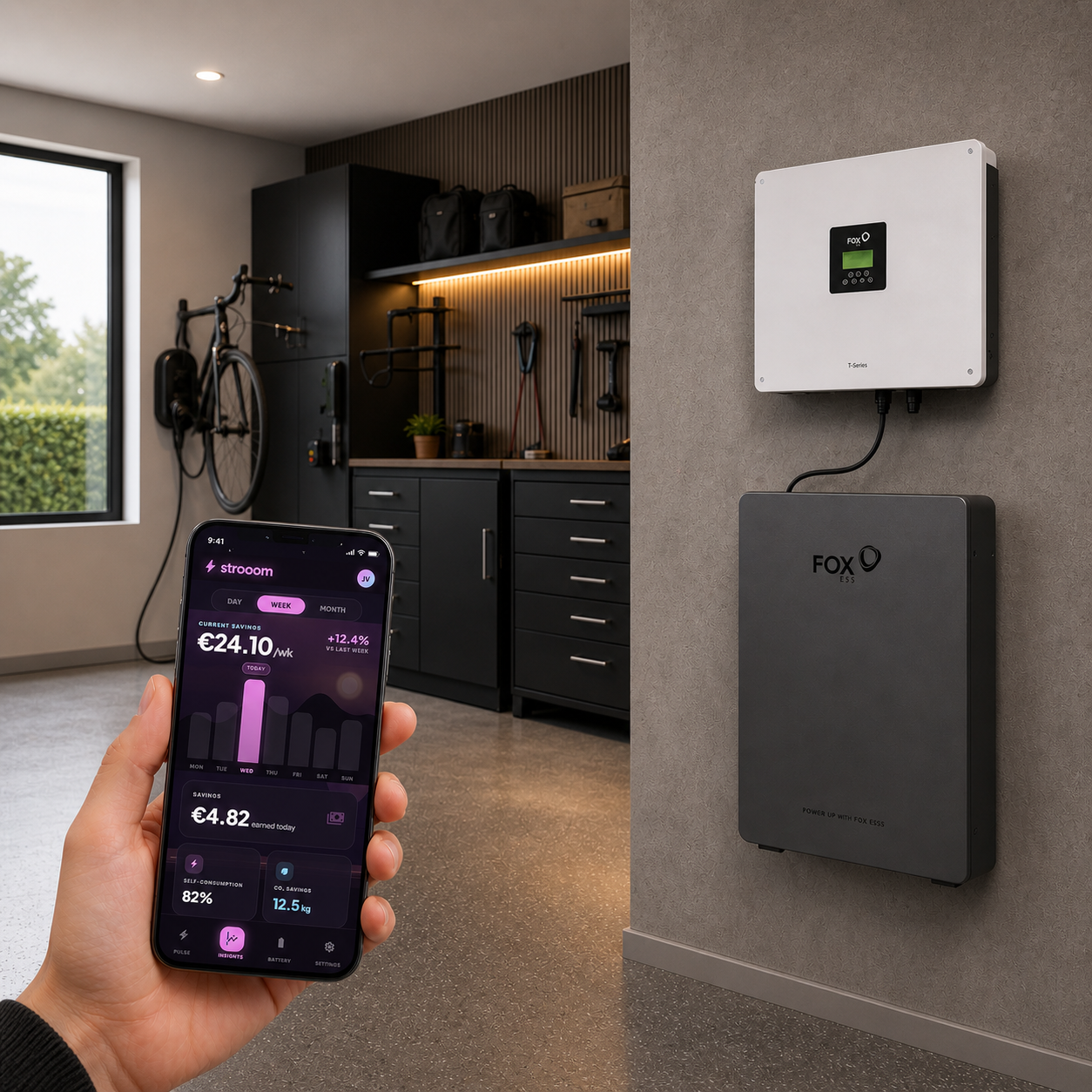 Thuisbatterij aan de muur in een Nederlandse garage, aangestuurd via de Strooom.ai-app op een telefoon