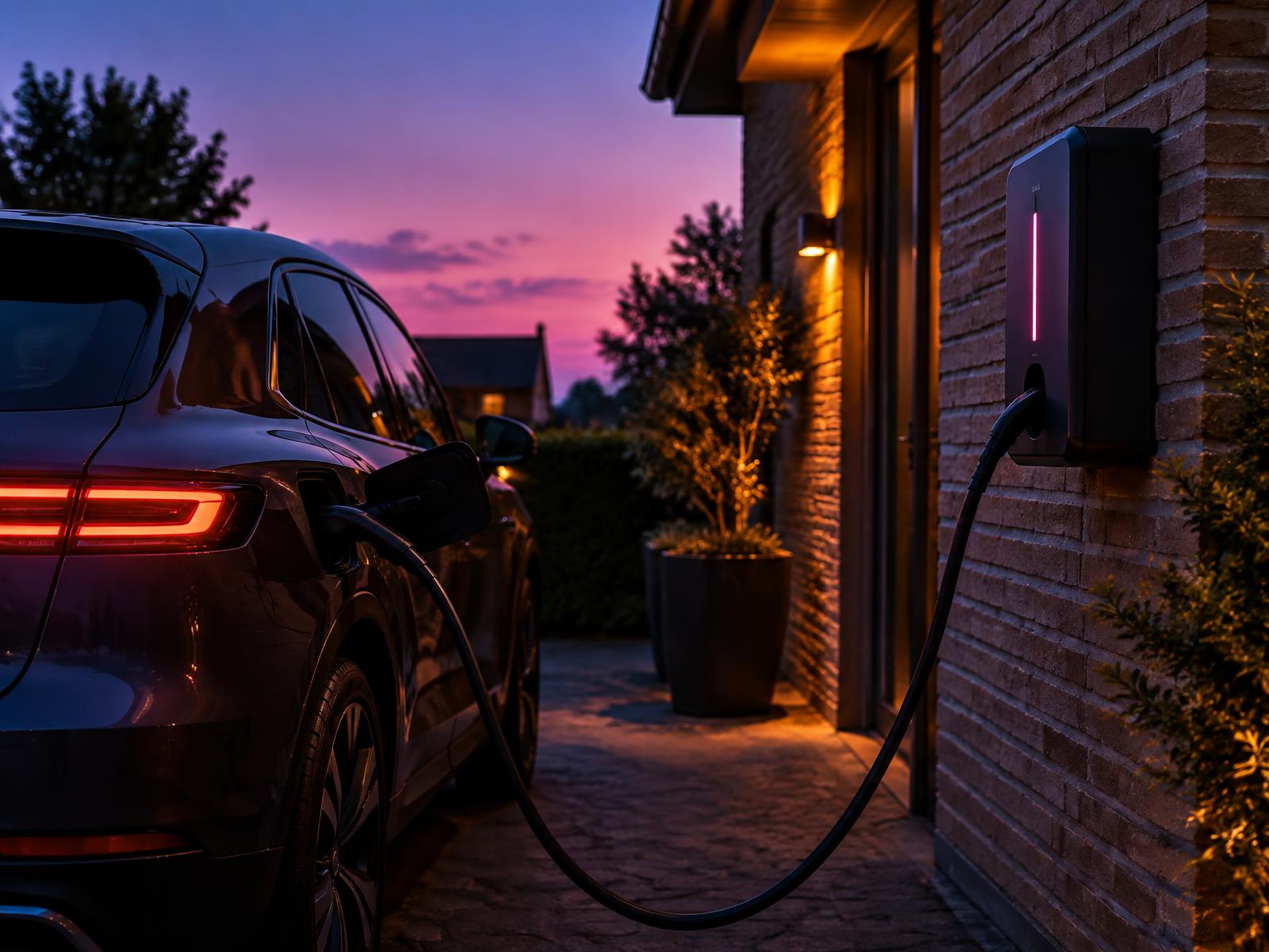 Elektrische auto laadt op aan een wandlader naast een woning