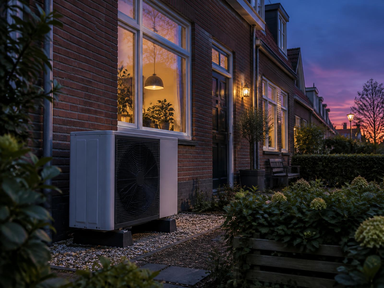 Warmtepomp aan de buitenkant van een Nederlandse rijtjeswoning